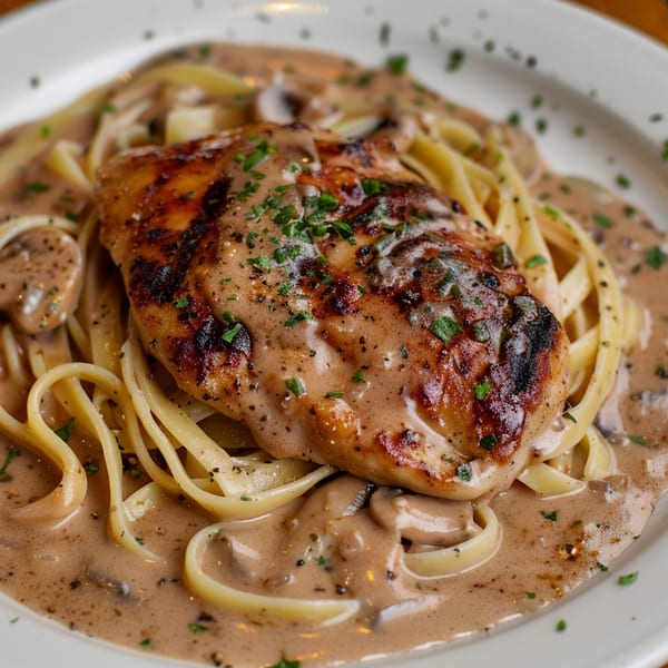 Grilled chicken breast over fettuccine pasta with creamy mushroom sauce, garnished with parsley.