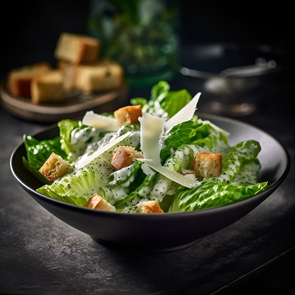 Fresh Caesar salad with crisp romaine, creamy dressing, croutons, and parmesan in a dark bowl.